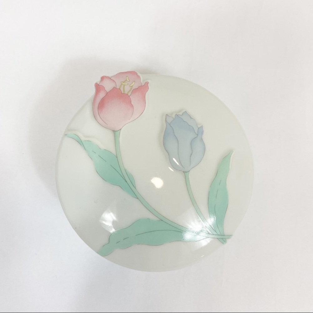 Porcelain Trinket Box White Pink Blue Floral Lidded Vintage Japan
